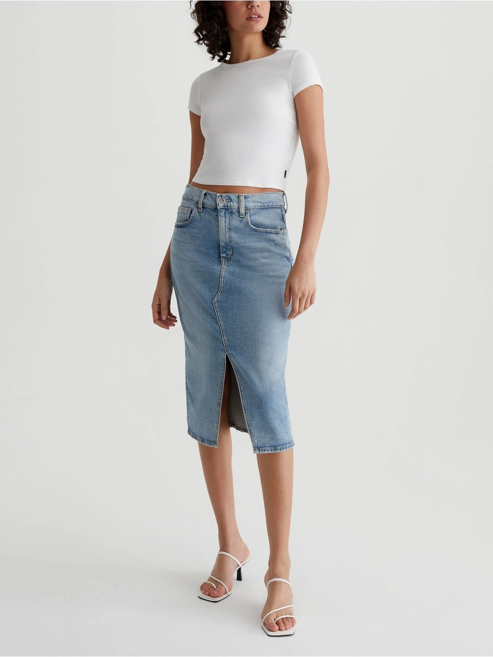 Light Blue Denim Midi Skirt with Front Slit